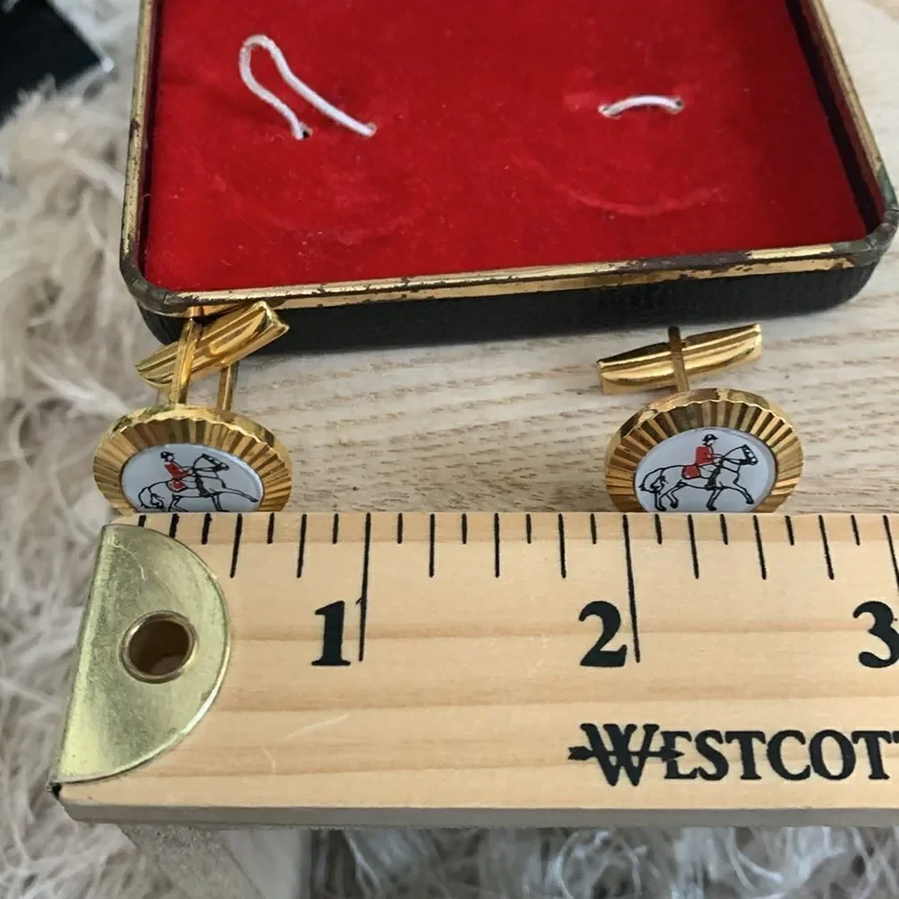 Vintage Equestrian Style Horse & Rider Gold Tone, Red, White‎ & Black Cuff Links